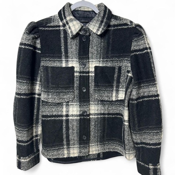 GAP‎ Puff Sleeve Cropped Wool Shirt Jacket Plaid Black White L - Picture 2 of 5